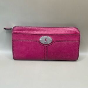 FOSSIL READ Women's Wallet Clutch Purple Leather Keyhole 3/4 Zip Around 8x4”